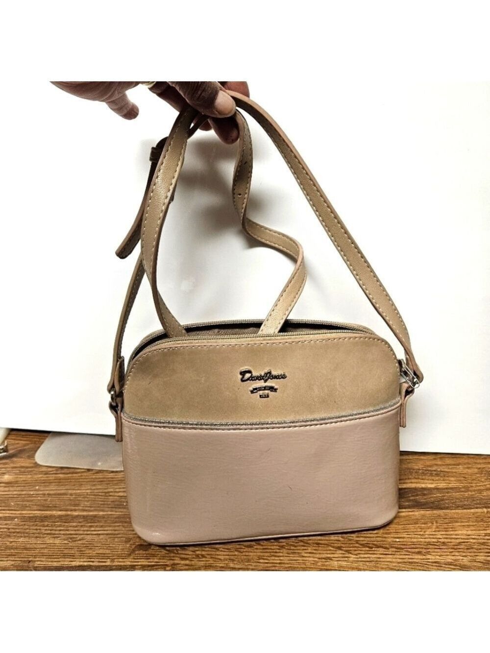 David Jones Paris 2-Tone Sand/Camel Semi-lacquered Crossbody Satchel Bag